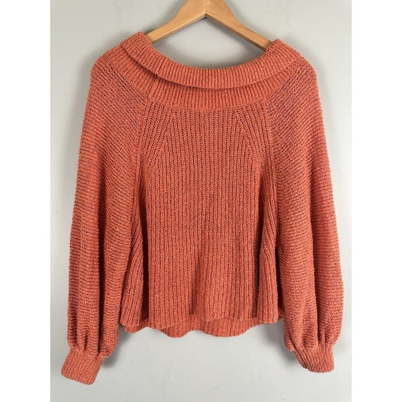 Free People Orange Cropped Knit Sweater M Slouchy Oversized Wide Neck Fall Autum - Picture 2 of 7